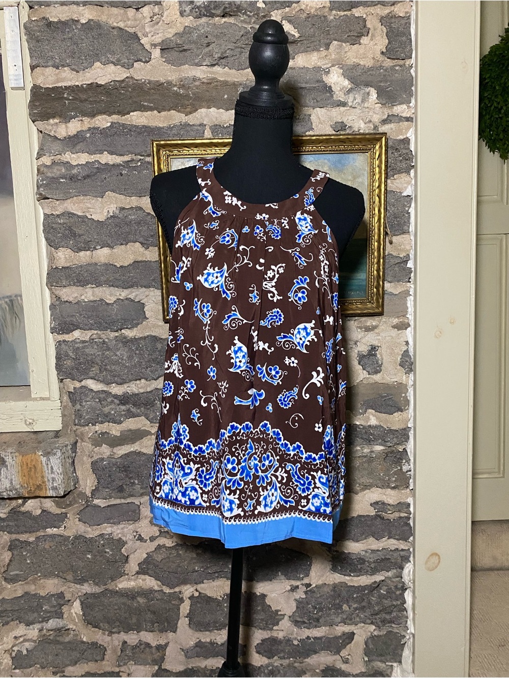 Talbots Brown Tank Top with Blue and White Paisley Border